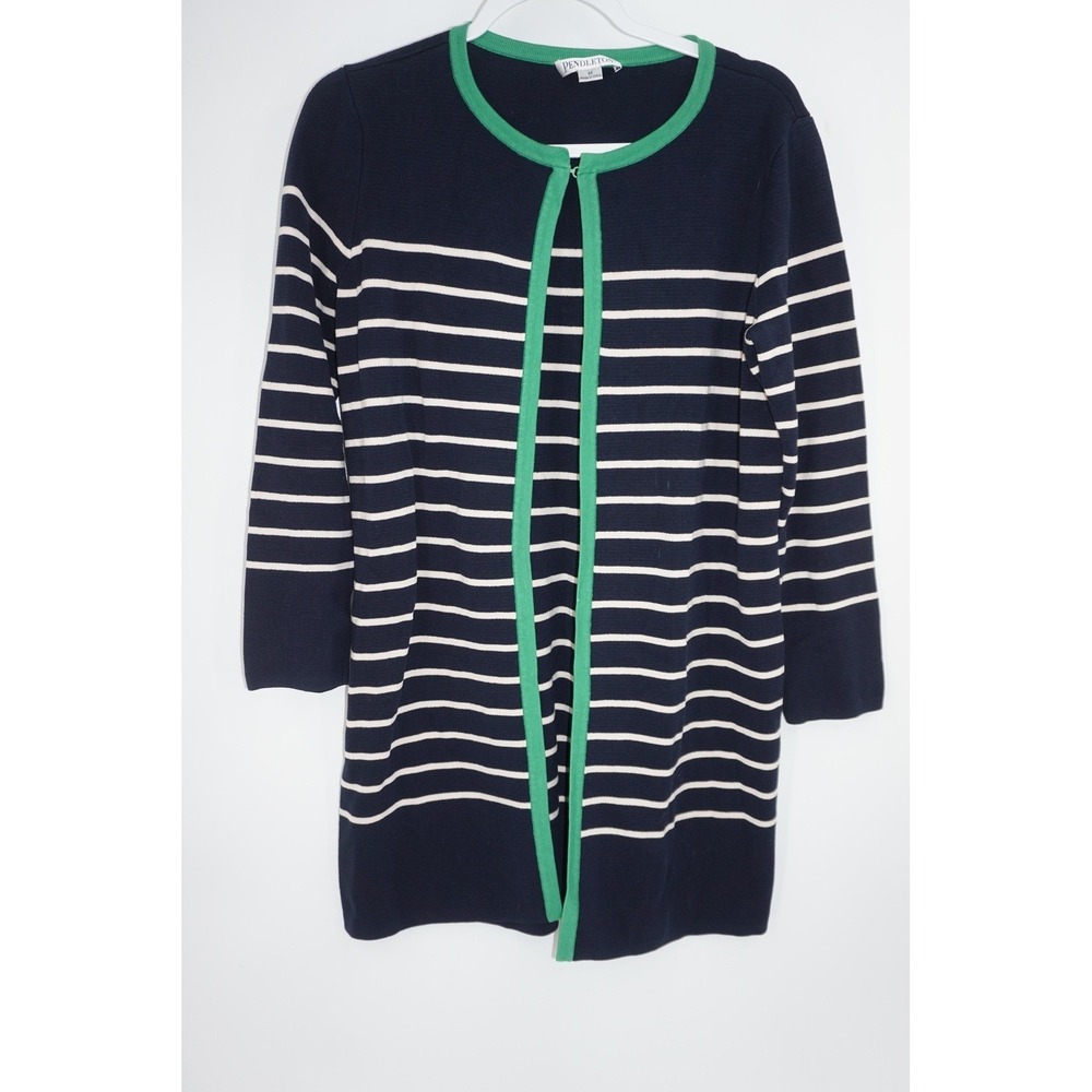Pendleton Sweater Womens Medium‎ Navy Striped Silk Cotton Open Front Cardigan
